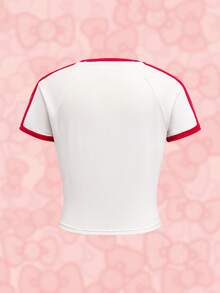 HELLO KITTY AND FRIENDS | SHEIN Tween Girls' Casual Cat Print Contrast Trim Short Sleeve T-Shirt, Summer - White - View 2