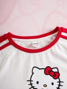 HELLO KITTY AND FRIENDS | SHEIN Tween Girls' Casual Cat Print Contrast Trim Short Sleeve T-Shirt, Summer - White - View 6