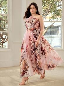 MOTF PREMIUM PLUS SIZE WOMEN'S FLORAL PRINT ASYMMETRICAL NECK PLEATED DRESS, SPRING/SUMMER - Pink - View 5