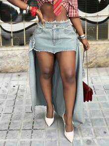 Slaydiva 女士时尚街头风性感不对称下摆毛边牛仔迷你裙 - 藍色 - 查看 1