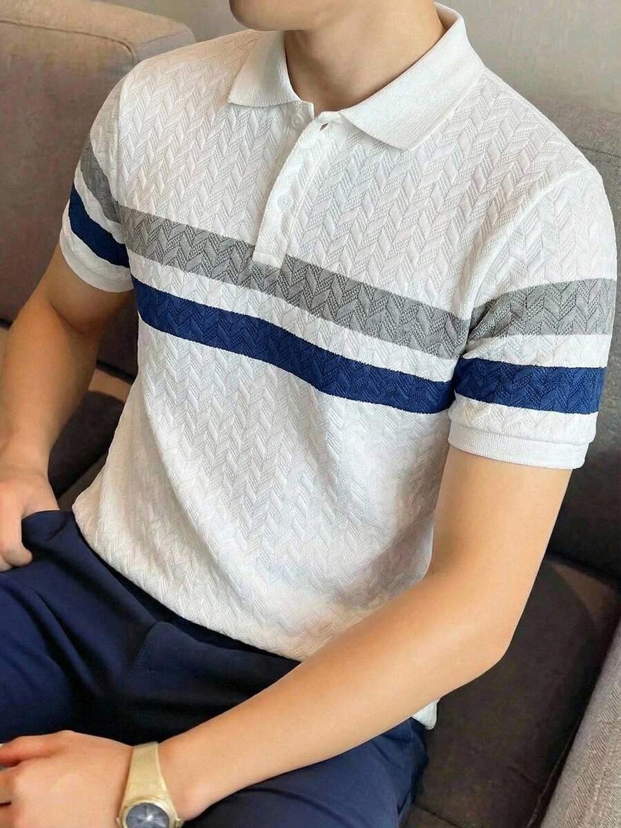 SHEIN Teen Boys' Casual Comfortable Versatile Colorblock Printed Polo Shirt, Teen Boy - White - View 1