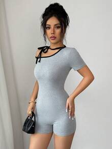 SHEIN Elenzya Bộ jumpsuit nữ thanh lịch, thoải mái, cổ xéo, thắt dây, thích hợp cho mùa xuân/hè. - Xám - Xem 8
