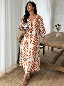 SHEIN Holidaya Đầm nữ cỡ lớn 1 mảnh, chất liệu giả vải lanh, in họa tiết hoa, dáng rộng, thoải mái, trang trí cúc giả gỗ, thích hợp cho mùa xuân/hè, mặc ở nhà hoặc đi làm. - Nhiều màu - Xem 1