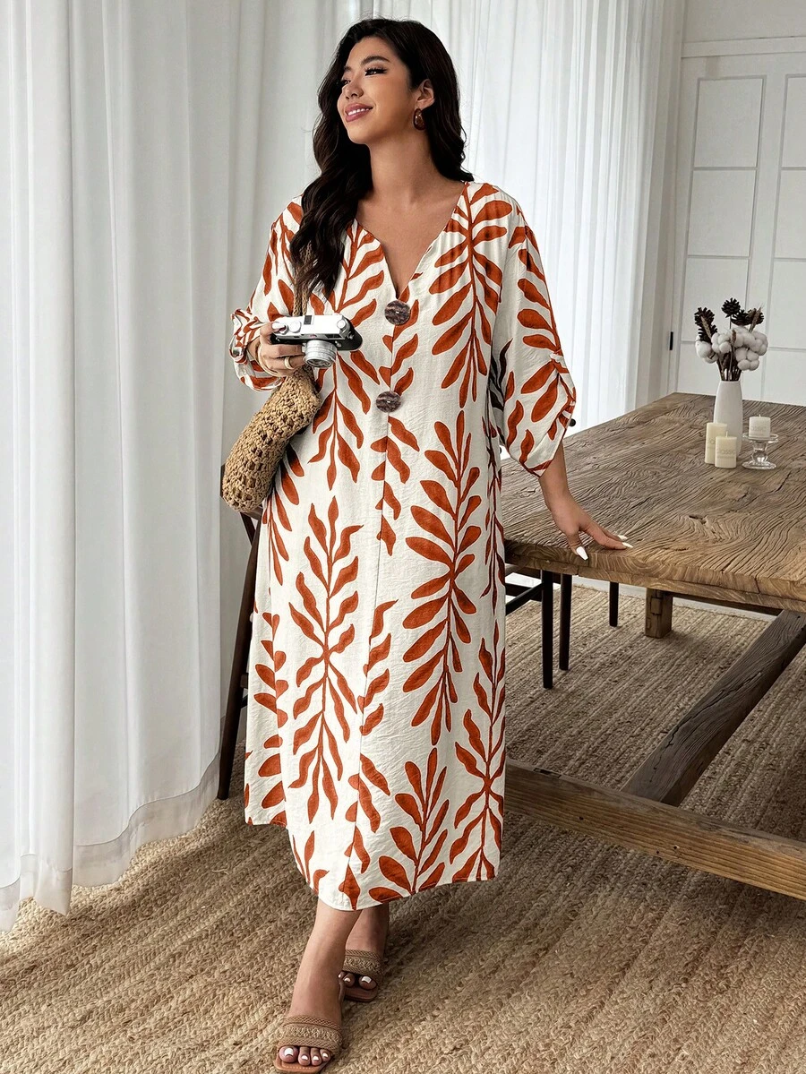 SHEIN Holidaya Đầm nữ cỡ lớn 1 mảnh, chất liệu giả vải lanh, in họa tiết hoa, dáng rộng, thoải mái, trang trí cúc giả gỗ, thích hợp cho mùa xuân/hè, mặc ở nhà hoặc đi làm. - Nhiều màu - Xem 1