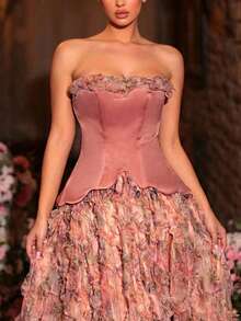 Glamrae 优雅多色浪漫网纱花卉印花拼接缎面不对称高低摆长款连衣裙，侧开衩设计，适合约会、度假、单身派对、婚礼、返校、所有正式场合、红毯、音乐会、晚宴等。 - 彩色 - 查看 8