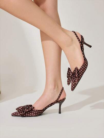 CUCCOO CHICEST Vintage Coffee Brown Polka Dot Bow Pointed Stiletto Sandals