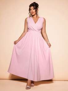 Cravure Vestido elegante y de moda con cuello en V, cintura recogida y corte evasé, con aplicaciones de encaje, sin mangas, adecuado para primavera y verano, tallas grandes - Rosa - Ver 5