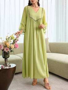 Al Najma Bata con cuello en V y mangas acampanadas, primavera/verano - Verde - Ver 9