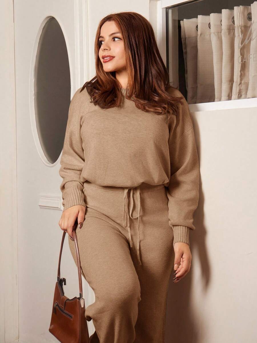 Lupita Cardoza 2pcs/Set Casual Solid Color Knitted Sweater And Pants Set, Autumn/Winter - Camel - View 1