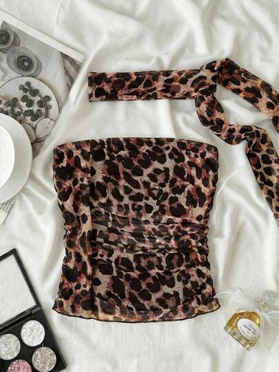 SHEIN Camisetas sin mangas y camisetas de tirantes para niñas preadolescentes con cuello gaitero a juego, con el medio fruncido en negro con lunares blancos