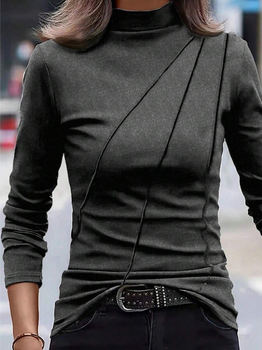 EMERY ROSE Women's Plus Size Casual Versatile Stand Collar Long Sleeve T-Shirt - Grey - View 1