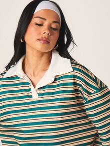 MISSGUIDED Women's Oversized Striped Polo Short Sleeve Collared Top With Horizontal Multi Color Pattern Casual Summer Retro Vintage Style Teal Cream - Green - View 4