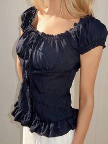 Sydney Algeri Women's Summer Solid Color Ruffle Hem Tie Waist Short Sleeve Blouse - Navy Blue - View 6