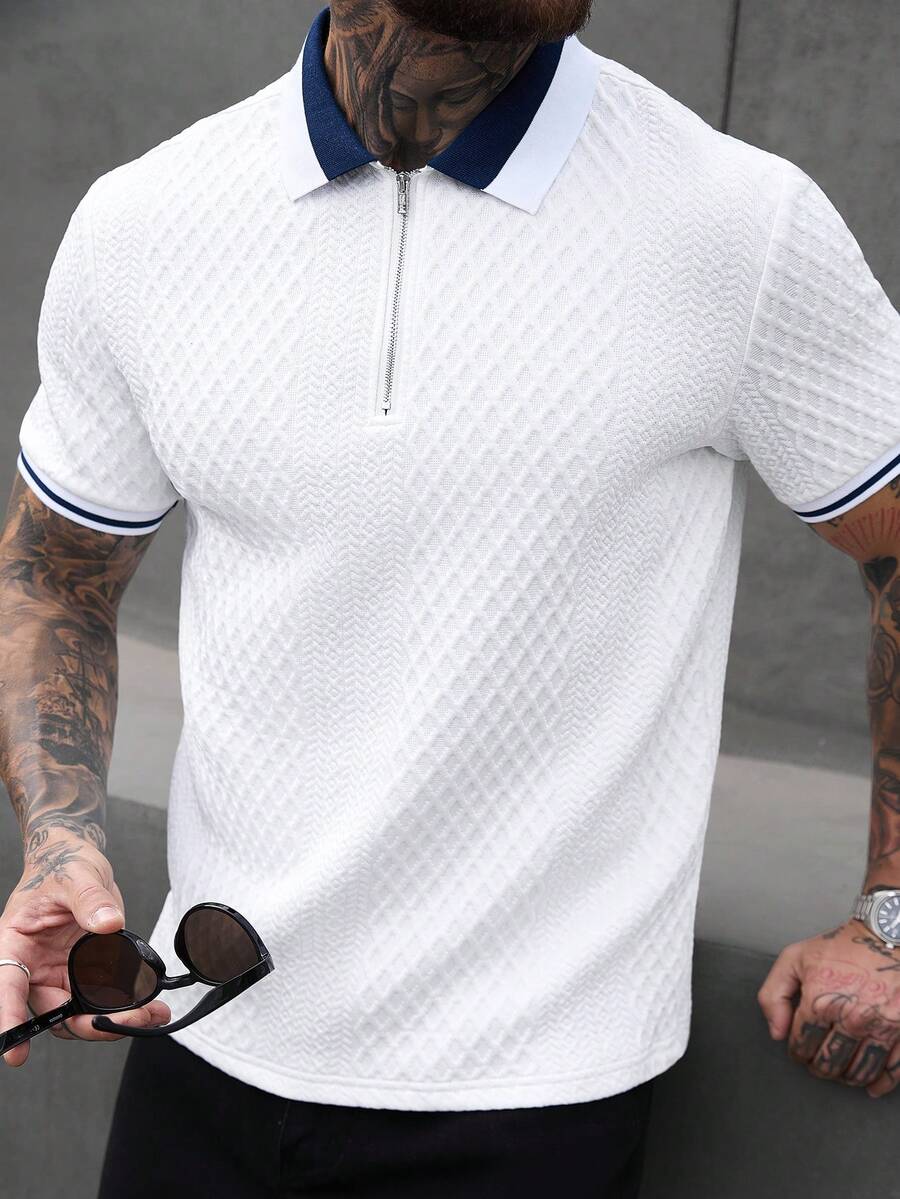 Manfinity CasualCool 男士翻领短袖 Polo 衫，针织钩编面料，白色男士 Polo 衫，休闲男士 Polo 衫，拉链 Polo 衫，适合日常外出、朋友聚会、休闲周末穿着，是送给男友或丈夫的绝佳礼物，INS 热销 Polo 衫 - 白色 - 查看 1