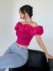 Aloruh Off Shoulder Ruffle Trim Crop Top - Hot Pink - View 5