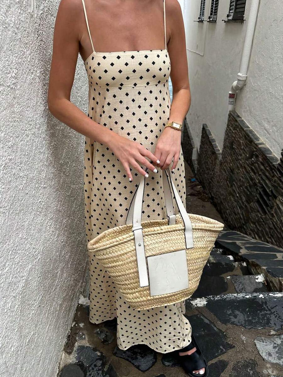 Serisse 女士几何印花露背休闲连衣裙，适合度假，搜索米色连衣裙、节日复古波点连衣裙、波点连衣裙、法式连衣裙、夏季中长连衣裙、女士夏季连衣裙、女士波点连衣裙、女士春季连衣裙、女士夏季套装、女士夏季服装、女士奢华连衣裙、波点连衣裙、波点连衣裙 - 彩色 - 查看 1