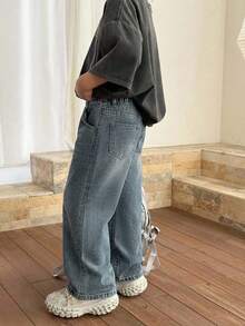 SHEIN Quần jeans ống rộng dáng suông màu xanh denim thời thượng dành cho nam giới trẻ tuổi, thích hợp mặc hàng ngày vào mùa xuân/hè. - Rửa tối - Xem 4