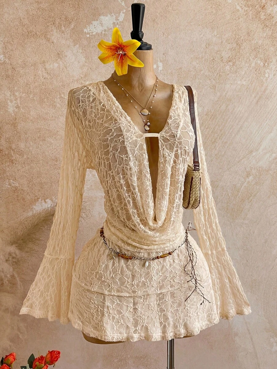 Soleia 女士深V领喇叭袖性感迷你连衣裙 - 卡其色 - 查看 1