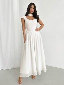 Firerie Women's Elegant White Summer Dress,Vacation Resort Beach Scoop Neck Flowy Sleeve A-Line Midi Chiffon Formal Wedding Guest Chic Minimalist Fashion - White - View 6