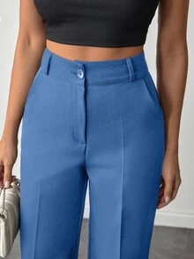 SHEIN Petite Size Women Solid Color High Waist Straight Leg Pants For Everday Wear - Dusty Blue - View 5