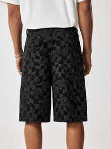 MONOPOLY X SHEIN Men's Casual Checkered Print Denim Shorts, Summer - Black - View 2