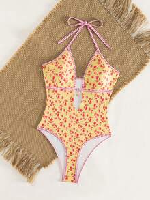 Swim Mod 2026 New Women's Summer Beach Vacation Plaid Floral Print Spaghetti Strap Hollow Back Sexy High Cut One-Piece Swimsuit - Multicolor - View 6