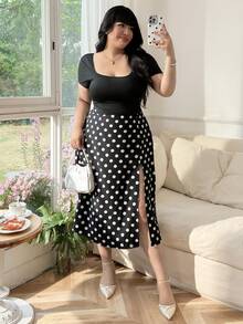 SHEIN EZwear 女士黑色圆领针织上衣和印花开衩裙两件套，加大码 - 黑色 - 查看 6