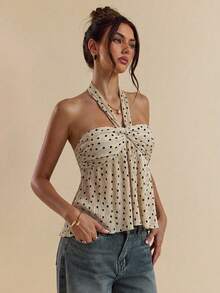 SHEIN BAE Polka Dot Pleated Elegant Blouse, Spring/Summer - Apricot - View 5