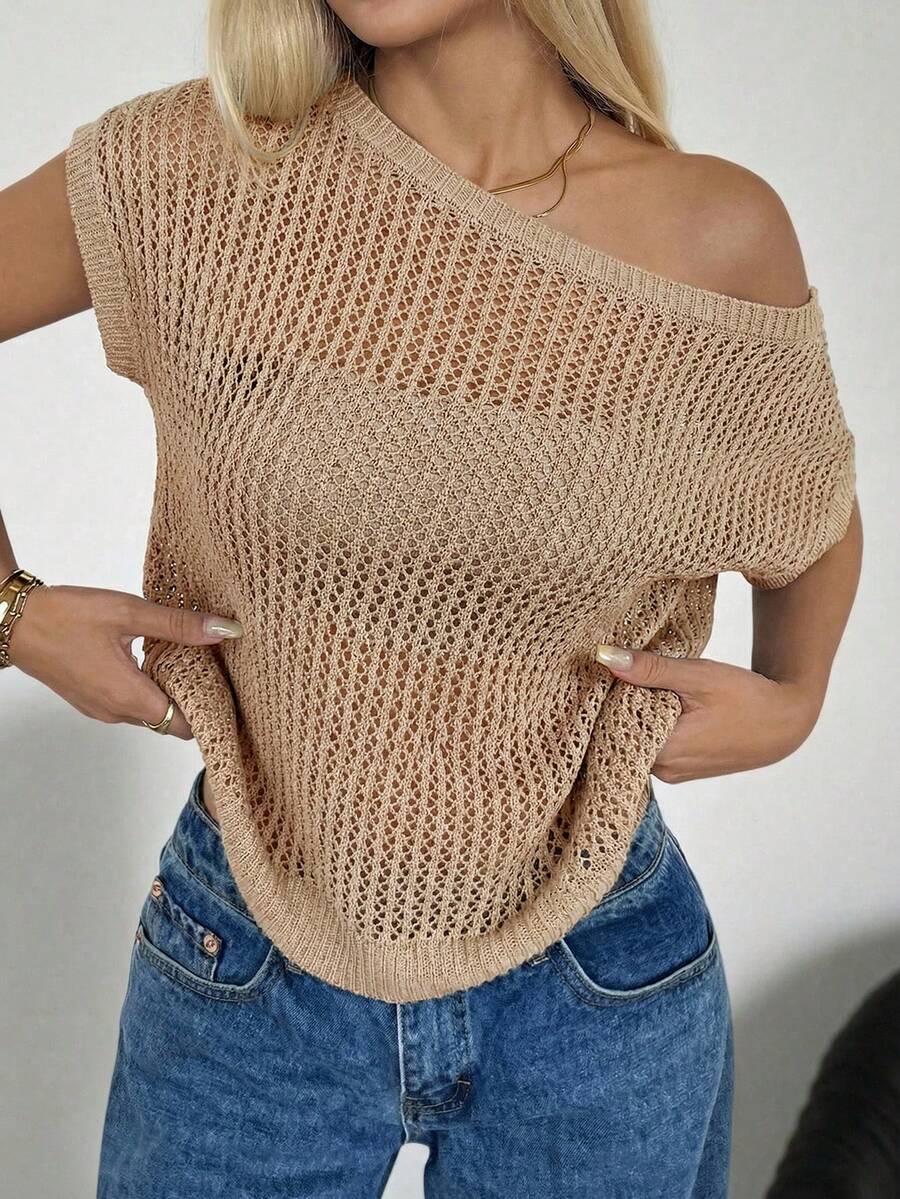 SHEIN EZwear 女士夏季休闲沙滩度假纯色不对称领蝙蝠袖半透明针织上衣 - 駝色 - 查看 1