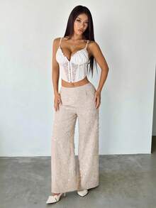 SHEIN PETITE Women's Fashionable Commuter Sequin Wide Leg Pants Sequin Pants Rhinestone Pants - Apricot - View 5