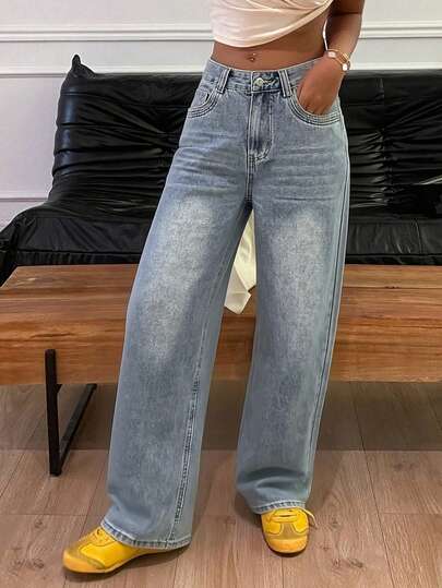 Livesso Women's Vacation Casual Washed High Waist Straight Leg Jeans