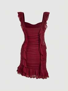 SHEIN MOD Asymmetric Ruffled Hem Burgundy Dress With Long Sash,Spring /Summer Outfits Women, Vacation Outfits Women,Party , Garden Party ,  Elegant Party, Going Out Outfits,Beach,Summer Holiday Outfits ,Festival, Picnic Bottom, Birthday Dress,Ruffle Dress,Cute Dress, Y2k,Boho,Western, Wine Red Dress, Maroon Dress, Dark Red Dress - Red - View 4