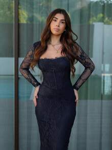 Hitanina Women's New Summer Party Date Evening Sexy S-Shaped Lace Long-Sleeved Breast Cup Fishbone Square Neck Tight Bodycon Black Maxi Dress,Wedding Guest Dress Women,Dresses For Women Elegant,New Year Dress ,Elegant Party Dresses - Navy Blue - View 5
