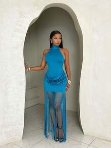 BamGleam Women's Sexy Vacation-Style Backless Lace-Up Blue Designer Camisole Dress - Blue - View 1