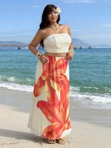 GalTyme Plus Size Floral Print Skirt For Beach/Resort,For Daily Commute,Date, Commute, Party,Fall /Autumn/Winter/Summer,Christmas,New Year,Thanksgiving,Party,Wedding,Beach,Graduati,Chic,Elegant,Casual,Going Out,Date,Appointment,Commute,Shining,Valentine's Day,Elegant ,Vacation,Casual,Y2k,Going Out,Graduation,Beach - Yellow - View 4