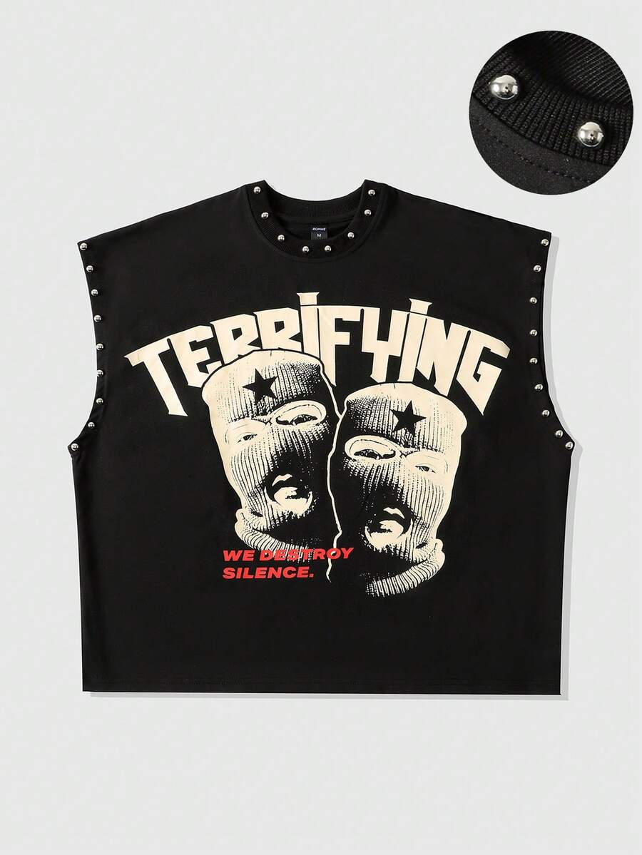 ROMWE MEN Street Life 男士休闲时尚街头无袖上衣，印花图案，铆钉装饰，宽松版型，夏季 - 黑色 - 查看 1