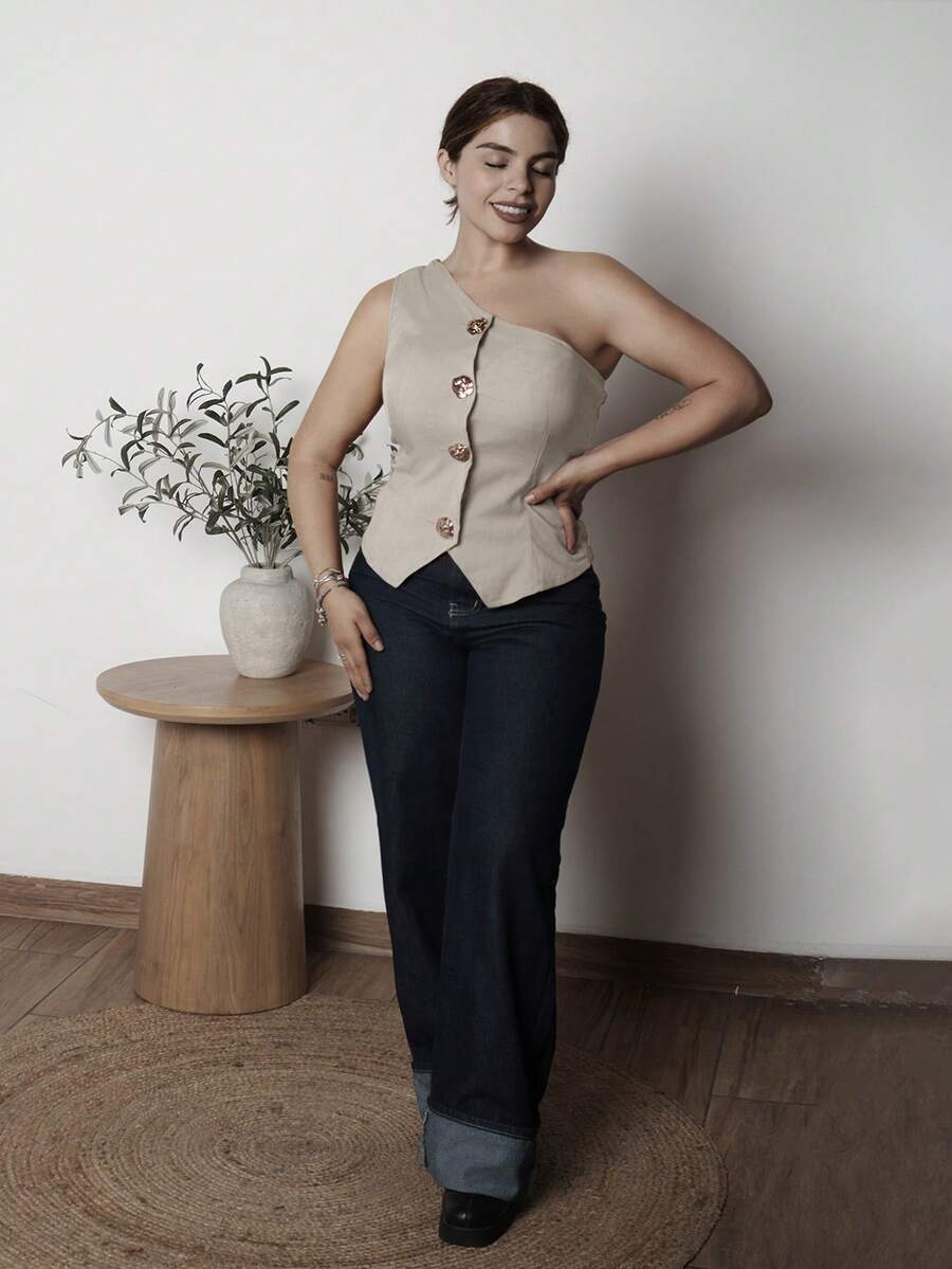 Lupita Cardoza 时尚优雅百搭 S 形金属扣装饰性感不对称领口黑色女式上衣,春夏季 - 杏色 - 查看 1