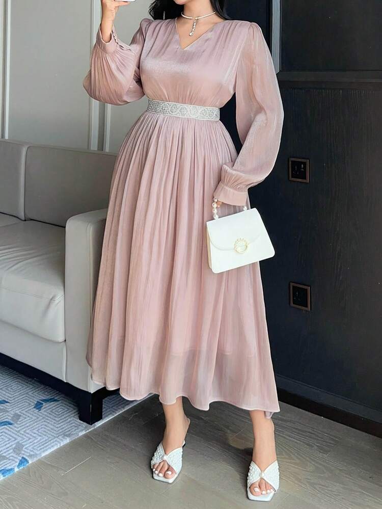 Dazy Plus Plus Size Women's Elegant Colorblock Sequin Patchwork V-Neck Puff Sleeve Ruched Long Dress With Lantern Sleeves, Spring/Summer Sun Dresses For Women
