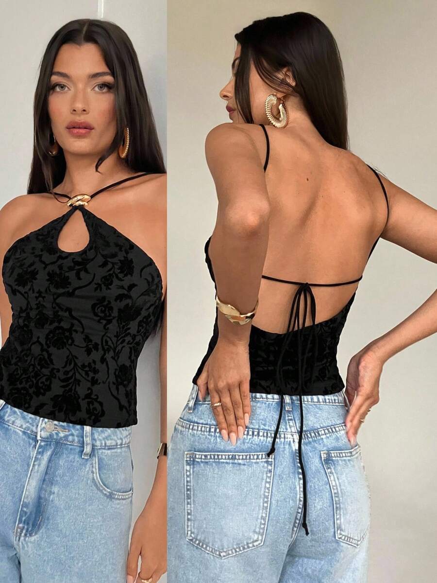 Aloruh 女士性感交叉绑带金属扣装饰黑色植绒印花上衣，春季外出上衣，优雅性感上衣