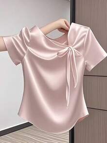 DAZY Women's Elegant Solid Color Bow Decor Blouse, Summer - Pink - View 1