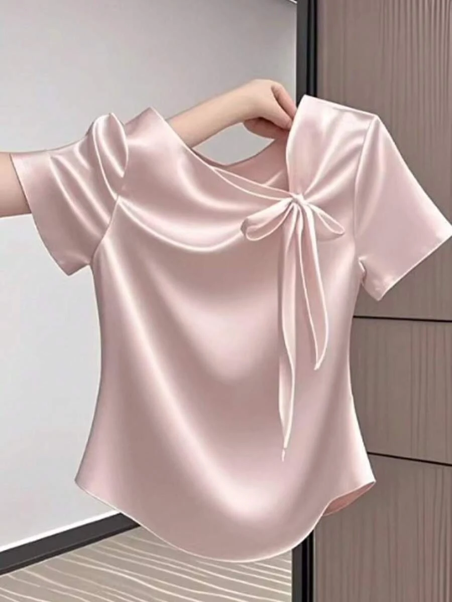 DAZY Women's Elegant Solid Color Bow Decor Blouse, Summer - Pink - View 1