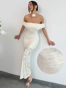 Aloruh Women's Elegant Off-Shoulder Mermaid Dress, Bohemian Style Cutout Embroidered Extra Long Solid Color Apricot Dress Off Shoulder White Dress White Mermaid Dress White Dress Sexy Long White Dress - Beige - View 11