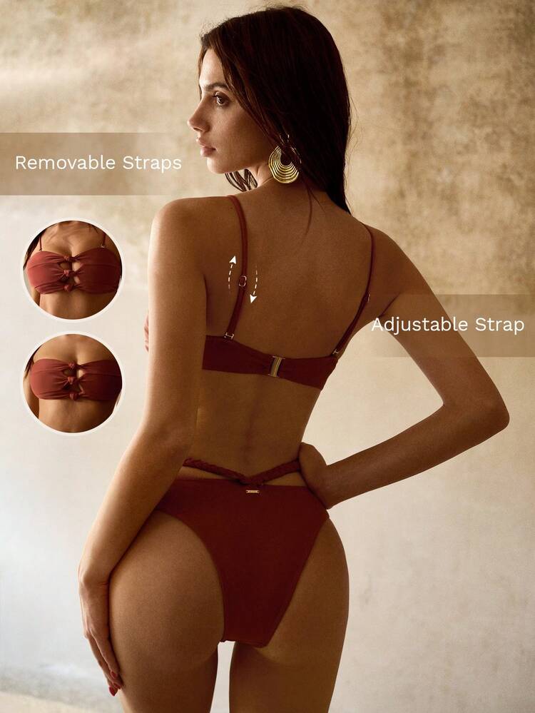 FRONT TIE HOLLOW OUT BANDEAU TOP + HANDMADE BRAIDED DETAIL WOMEN BEACH VACATION BIKINI SET