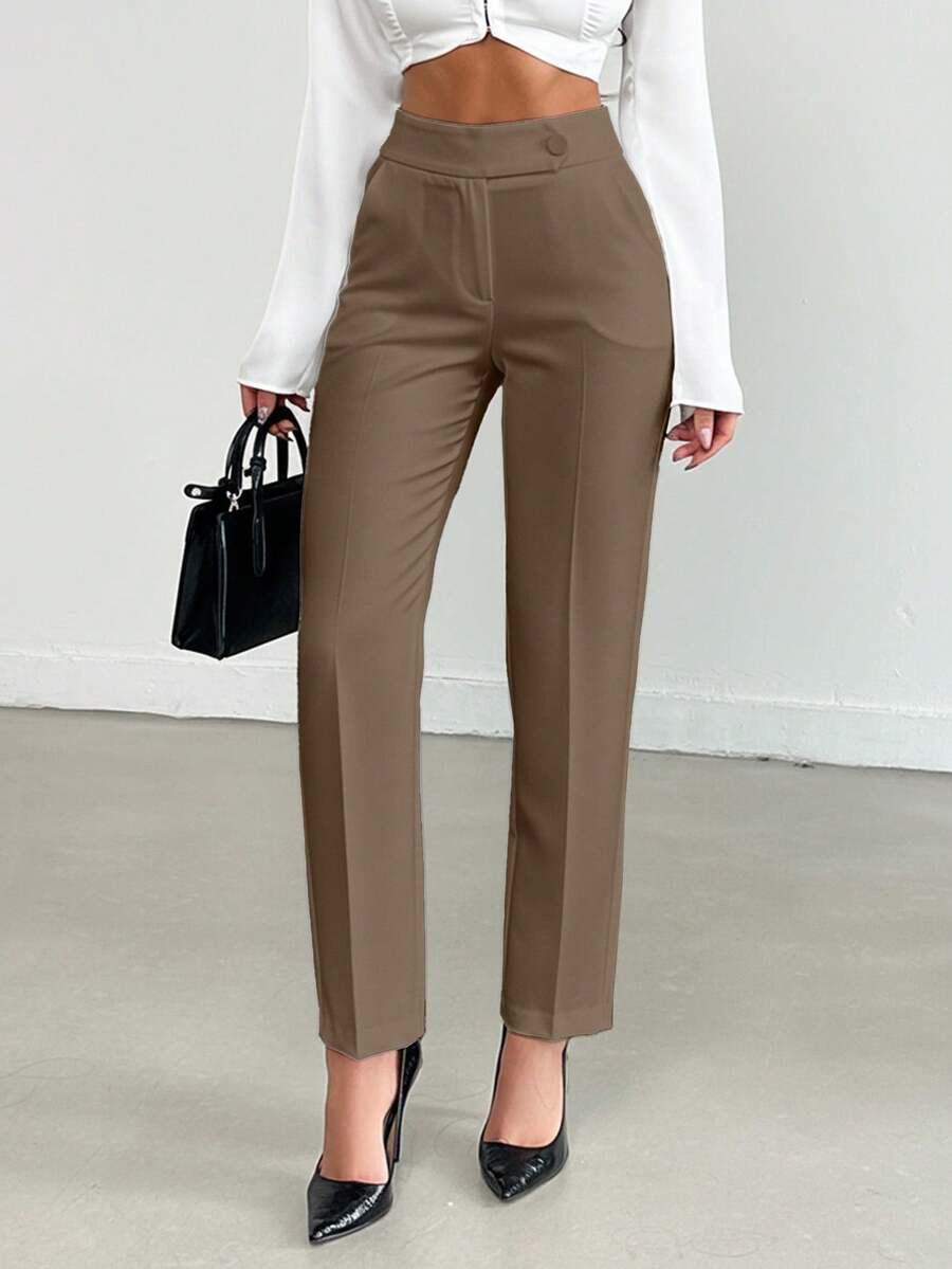 Women's Solid Color High Waist Casual Loose Pants - Mocha Brown - View 1