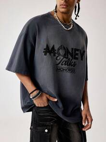 MONOPOLY X SHEIN 男士圆领字母印花休闲百搭日常短袖T恤 - 黑色 - 查看 3