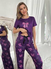 Conjunto de pijama de manga corta con estampado de lazo - Multicolor - Ver 4