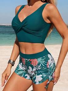 Swim Lushoire 2026春夏印花简约比基尼泳装套装，适合海滩/度假穿着。2026新款女士泳装到货，适合上学、度假、约会、下午茶、西式、邮轮、海滩、海岛、公路旅行、四季皆宜、音乐节、波西米亚风度假、秋日休闲、西式波西米亚风等场合。优雅上衣，热带风情两件套，沙滩两件套，简约两件套泳装，高腰比基尼套装，裙式比基尼套装。 - 彩色 - 查看 4