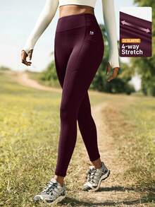 SHEIN In My Nature 女士高腰休闲户外修身裤，带口袋 - 酒紅色 - 查看 3