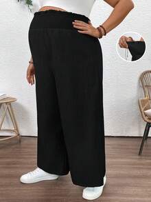 Plussiva Maternity Plus Size Solid Color Elastic Waist Casual Straight Loose Pants - Black - View 8