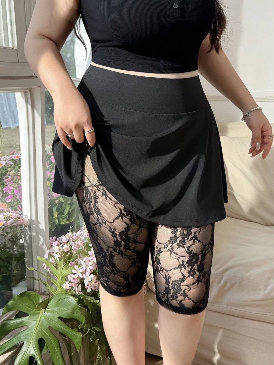 CovetEZ 大码女式蕾丝拼接百搭紧身打底裤连衣裙 - 黑色 - 查看 1